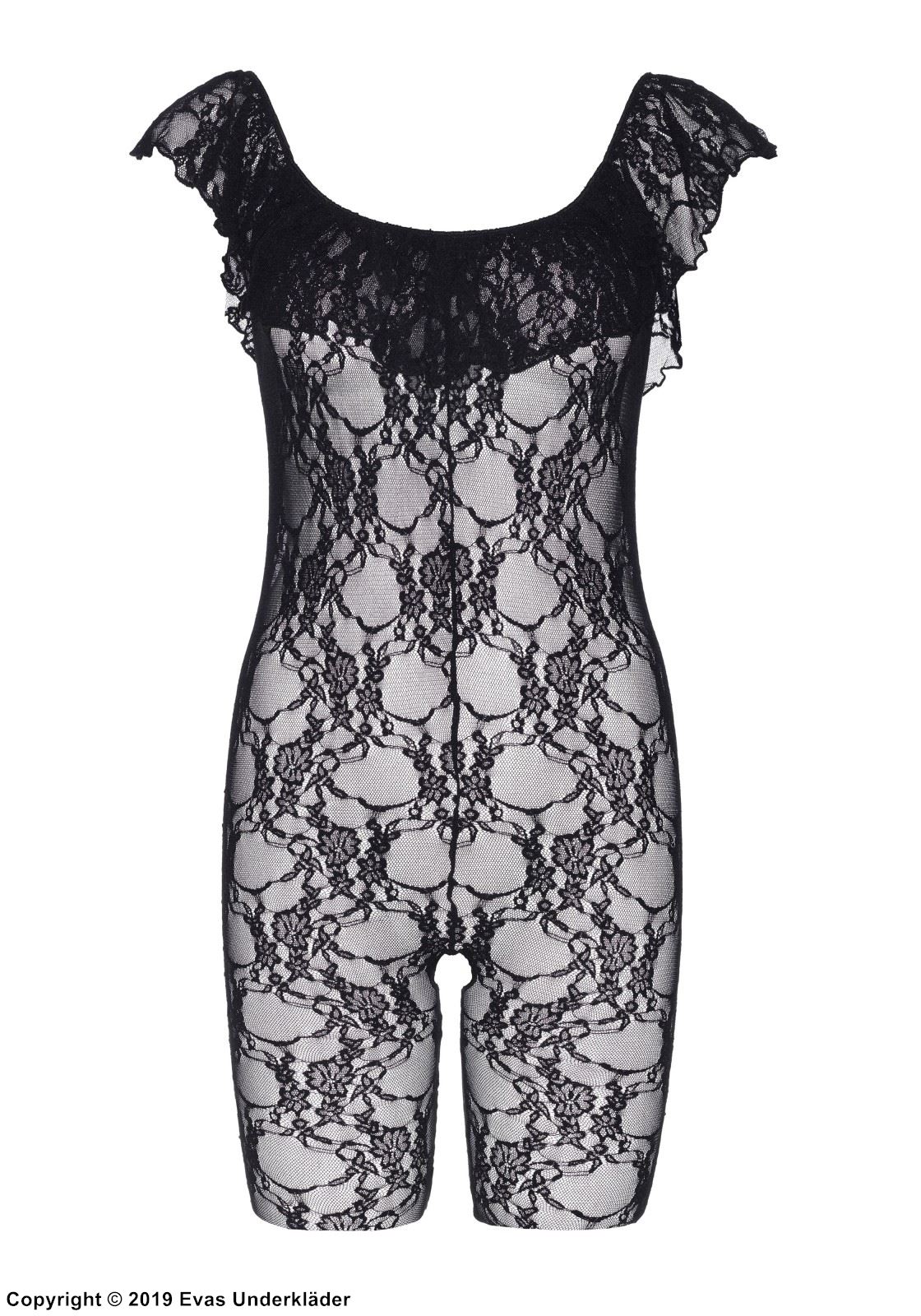 Romantic bodystocking, lace ruffles, off shoulder, flowers